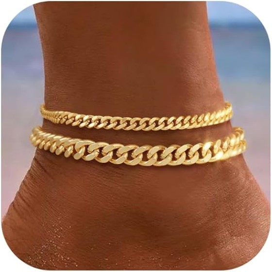 Gold Ankle Bracelets for Women Waterproof - Dainty Gold Anklets Trendy Layered 14K Gold/Silver Plated Stackable Chunky Cuban Link Chian Anklet Bracelet Set for Women Non Tarnish Jewelry Gift