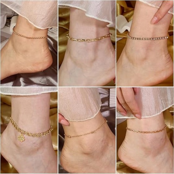 16 Pcs Gold/Silver Anklet Bracelets for Women Cuban chain Heart-shaped Beads Layered Adjustable Size Beach Daily Party
