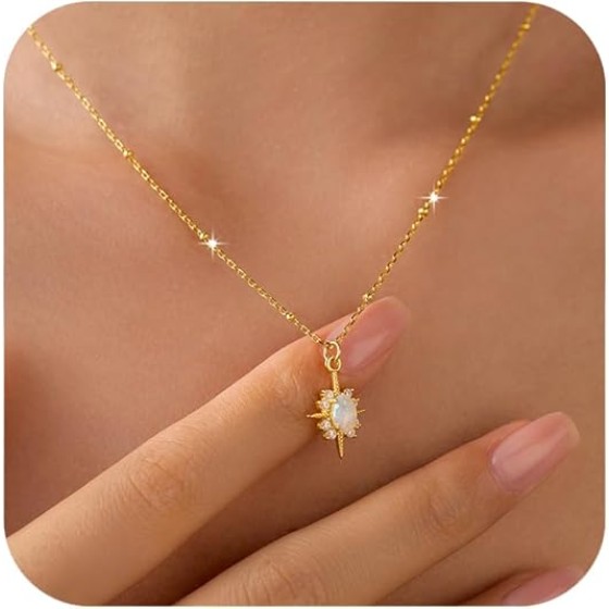 925 Sterling Silver North Star Opal Necklaces for Women Daughter Dainty 14K Gold Plated Star Pendant Necklace Trendy Cubic Zirconia Chain Celestial Jewelry Christmas Gift for Mom